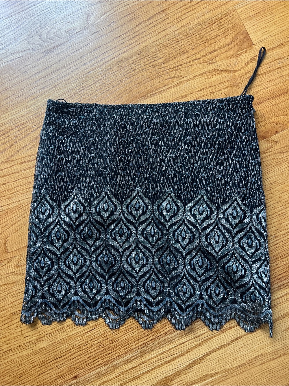 Free People Black and Silver Lace Peacock Holiday Mini Skirt Size 4 Stretchy y2k